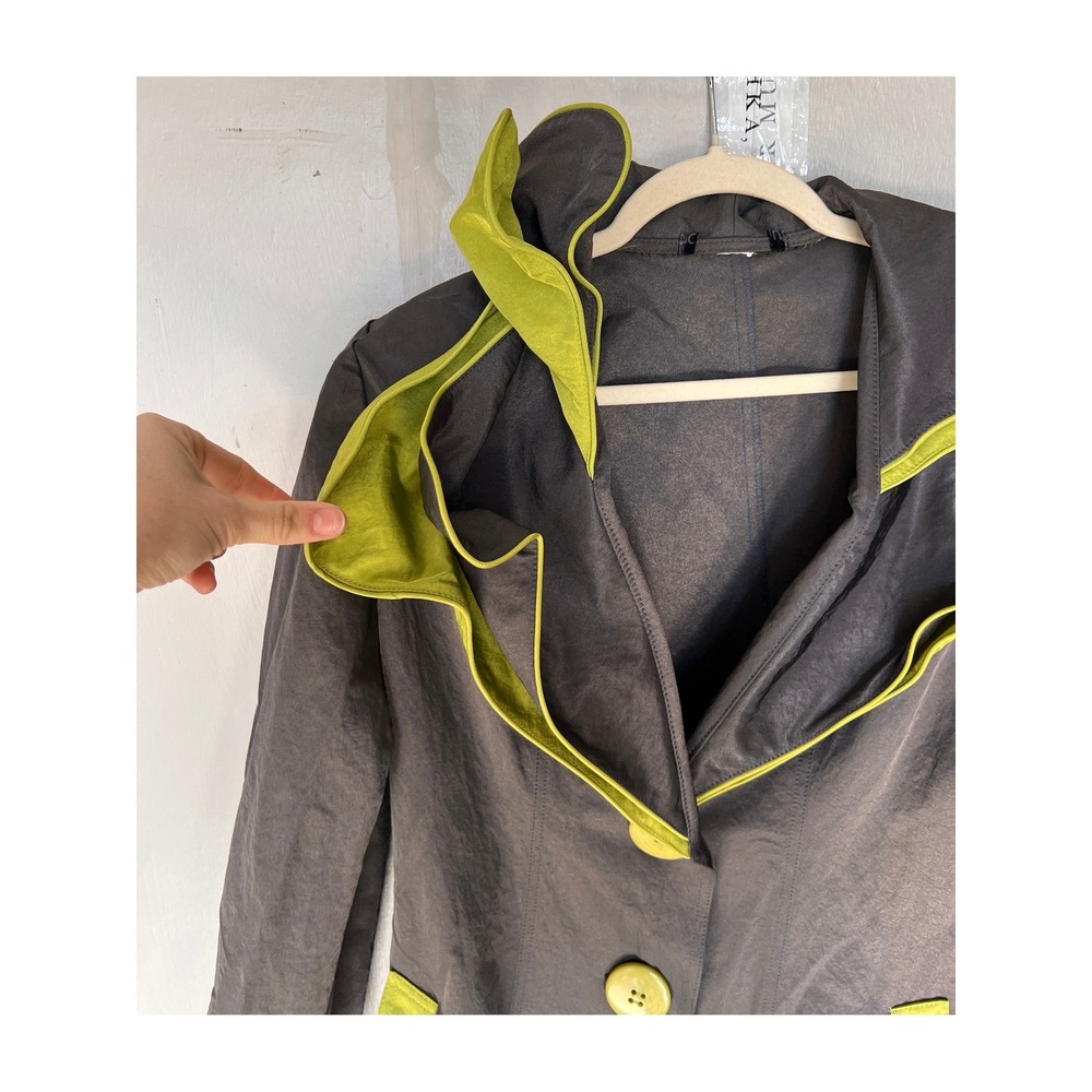 Coterie de France Long Grey Trench Coat Lime Green Trim Adjustable Collar Size L - Picture 3 of 7